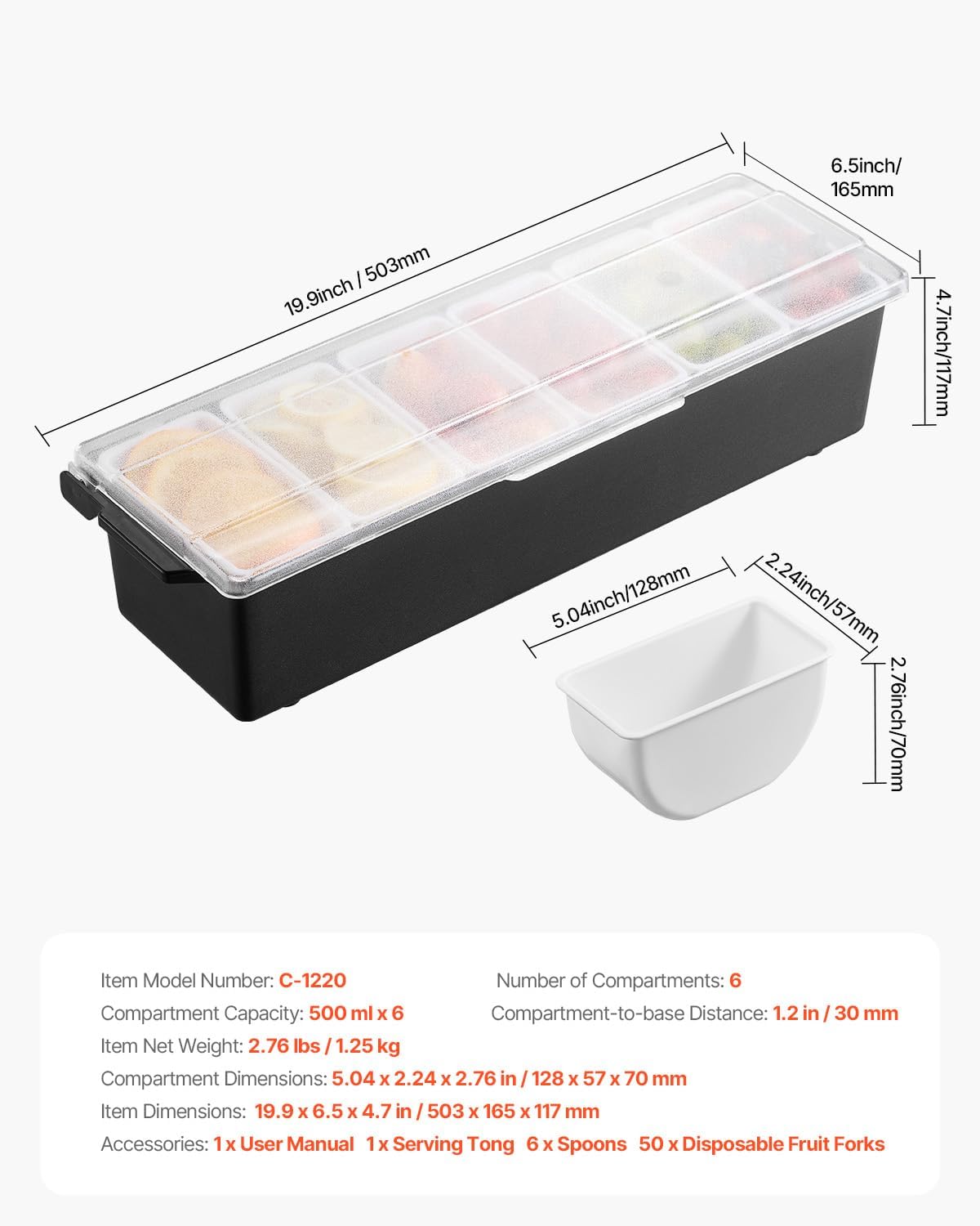Chilled Condiment Server Caddy, 5 Compartment Ice Cooled Serving Container, Plastic Fruit Garnish Tray Platter with Lid, for Taco Salad Bar Accessories, Party Home Restaurant Supplies