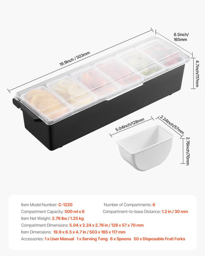Chilled Condiment Server Caddy, 5 Compartment Ice Cooled Serving Container, Plastic Fruit Garnish Tray Platter with Lid, for Taco Salad Bar Accessories, Party Home Restaurant Supplies