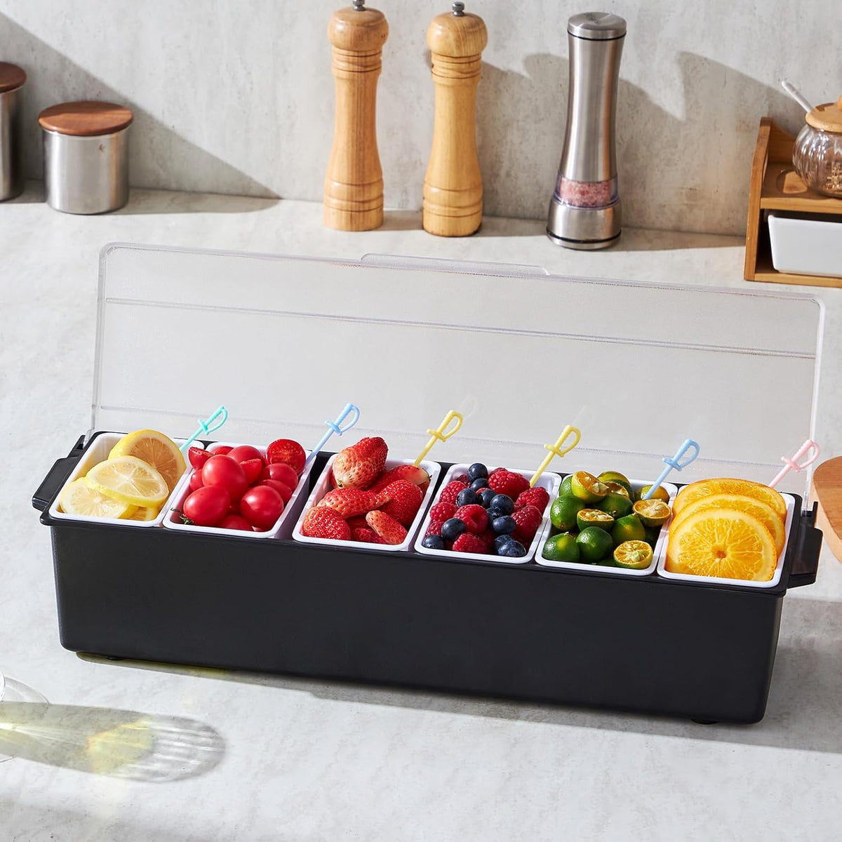 Chilled Condiment Server Caddy, 5 Compartment Ice Cooled Serving Container, Plastic Fruit Garnish Tray Platter with Lid, for Taco Salad Bar Accessories, Party Home Restaurant Supplies