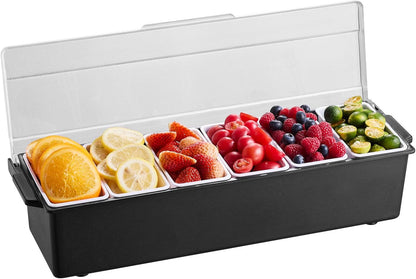 Chilled Condiment Server Caddy, 5 Compartment Ice Cooled Serving Container, Plastic Fruit Garnish Tray Platter with Lid, for Taco Salad Bar Accessories, Party Home Restaurant Supplies
