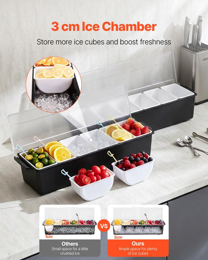 Chilled Condiment Server Caddy, 5 Compartment Ice Cooled Serving Container, Plastic Fruit Garnish Tray Platter with Lid, for Taco Salad Bar Accessories, Party Home Restaurant Supplies