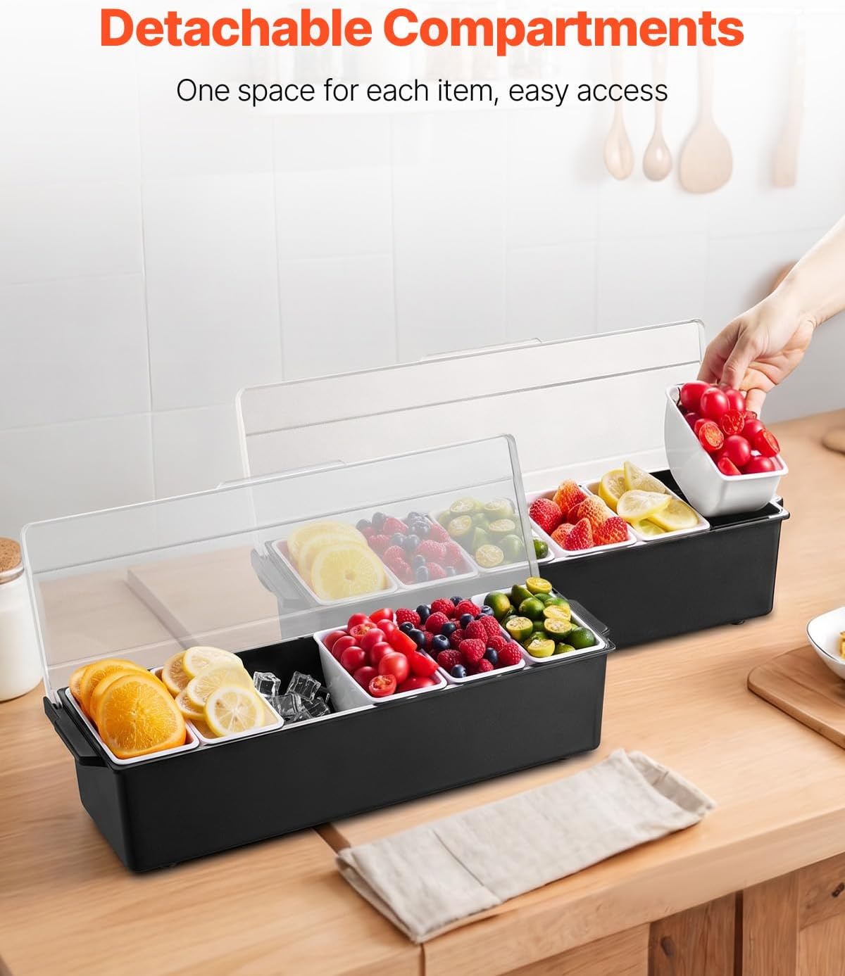 Chilled Condiment Server Caddy, 5 Compartment Ice Cooled Serving Container, Plastic Fruit Garnish Tray Platter with Lid, for Taco Salad Bar Accessories, Party Home Restaurant Supplies