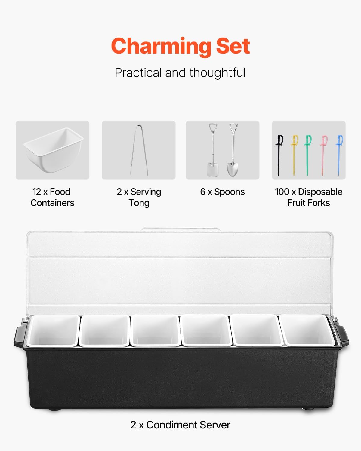 Chilled Condiment Server Caddy, 5 Compartment Ice Cooled Serving Container, Plastic Fruit Garnish Tray Platter with Lid, for Taco Salad Bar Accessories, Party Home Restaurant Supplies
