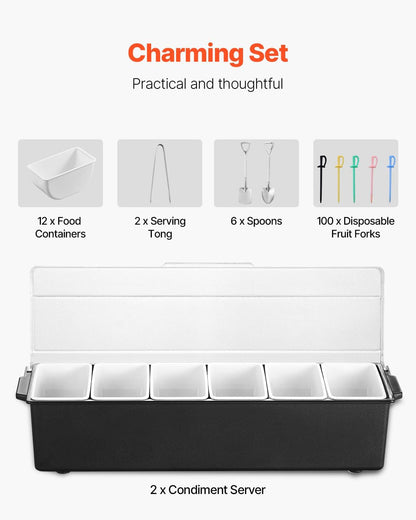 Chilled Condiment Server Caddy, 5 Compartment Ice Cooled Serving Container, Plastic Fruit Garnish Tray Platter with Lid, for Taco Salad Bar Accessories, Party Home Restaurant Supplies