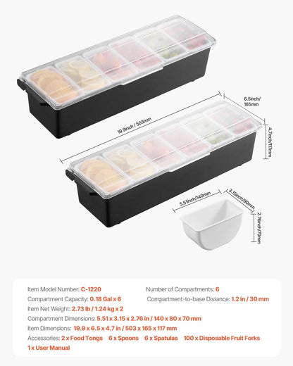 Chilled Condiment Server Caddy, 5 Compartment Ice Cooled Serving Container, Plastic Fruit Garnish Tray Platter with Lid, for Taco Salad Bar Accessories, Party Home Restaurant Supplies