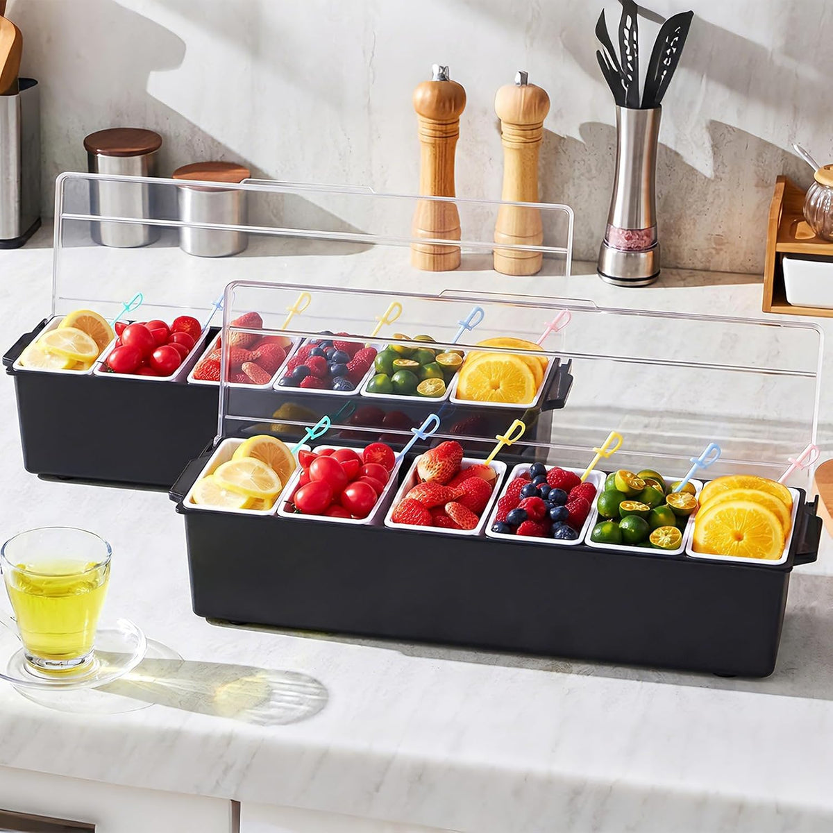 Chilled Condiment Server Caddy, 5 Compartment Ice Cooled Serving Container, Plastic Fruit Garnish Tray Platter with Lid, for Taco Salad Bar Accessories, Party Home Restaurant Supplies