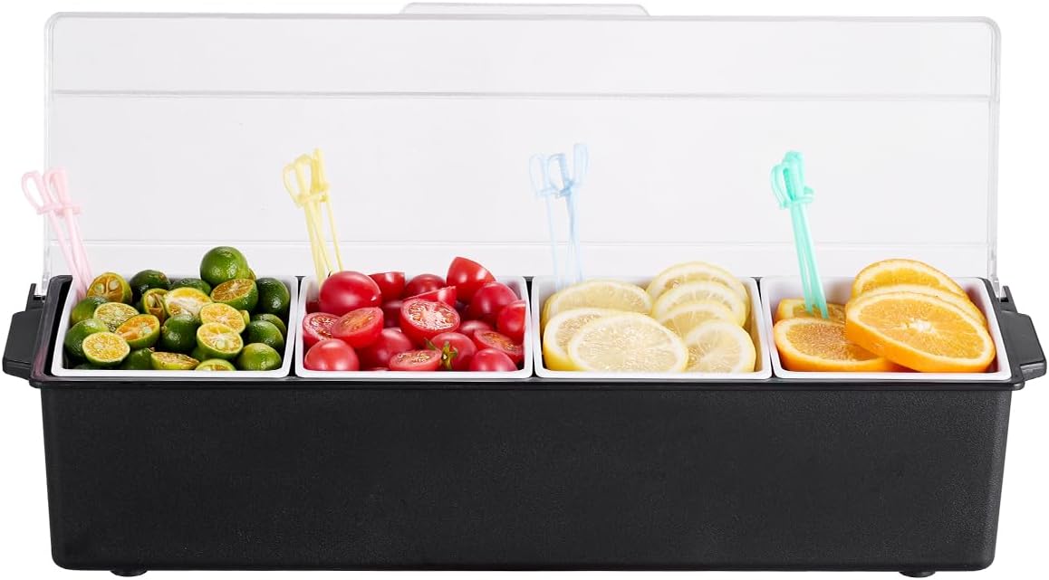 Chilled Condiment Server Caddy, 5 Compartment Ice Cooled Serving Container, Plastic Fruit Garnish Tray Platter with Lid, for Taco Salad Bar Accessories, Party Home Restaurant Supplies