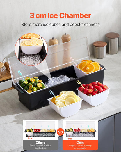 Chilled Condiment Server Caddy, 5 Compartment Ice Cooled Serving Container, Plastic Fruit Garnish Tray Platter with Lid, for Taco Salad Bar Accessories, Party Home Restaurant Supplies