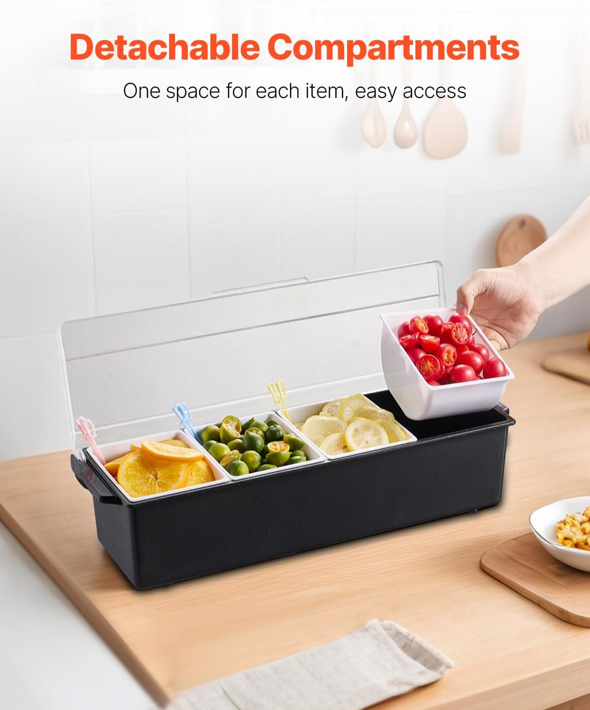 Chilled Condiment Server Caddy, 5 Compartment Ice Cooled Serving Container, Plastic Fruit Garnish Tray Platter with Lid, for Taco Salad Bar Accessories, Party Home Restaurant Supplies