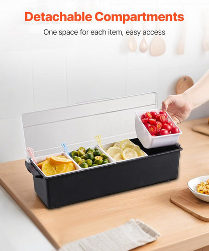 Chilled Condiment Server Caddy, 5 Compartment Ice Cooled Serving Container, Plastic Fruit Garnish Tray Platter with Lid, for Taco Salad Bar Accessories, Party Home Restaurant Supplies