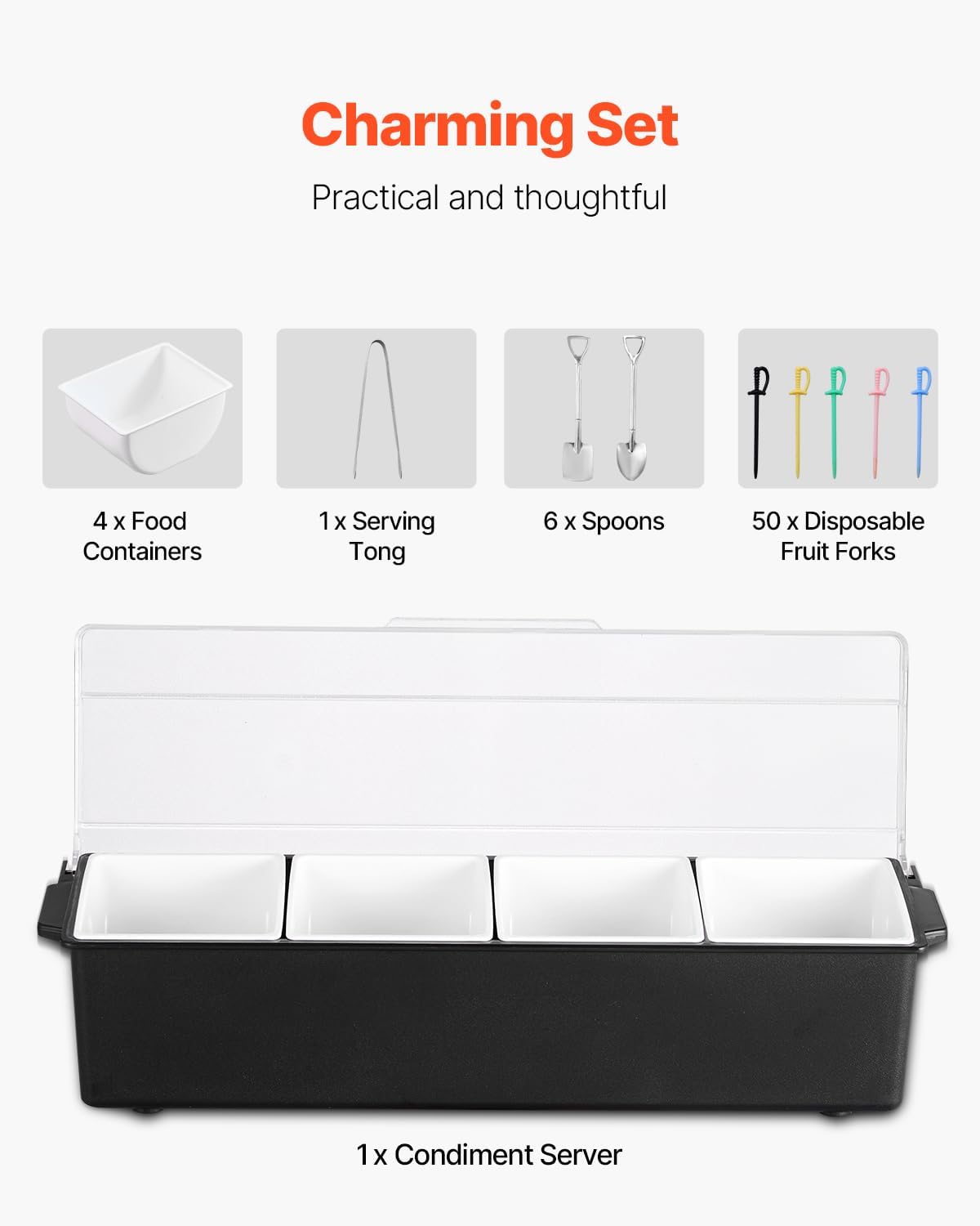 Chilled Condiment Server Caddy, 5 Compartment Ice Cooled Serving Container, Plastic Fruit Garnish Tray Platter with Lid, for Taco Salad Bar Accessories, Party Home Restaurant Supplies