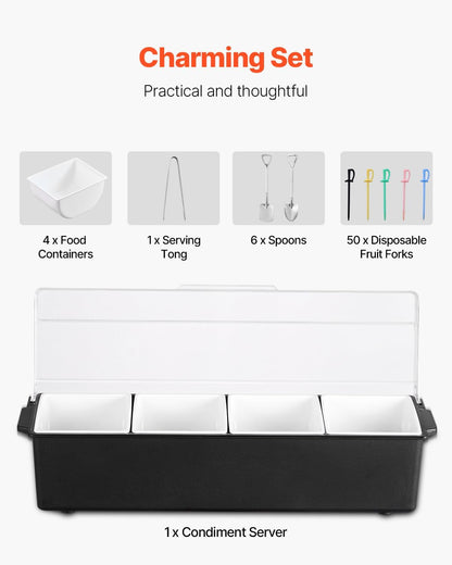Chilled Condiment Server Caddy, 5 Compartment Ice Cooled Serving Container, Plastic Fruit Garnish Tray Platter with Lid, for Taco Salad Bar Accessories, Party Home Restaurant Supplies