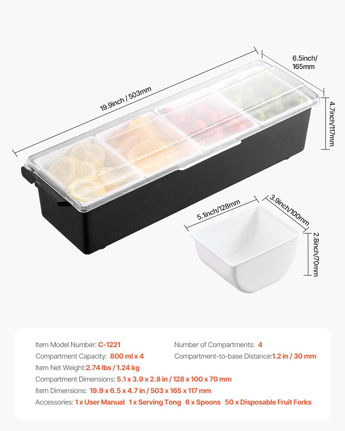 Chilled Condiment Server Caddy, 5 Compartment Ice Cooled Serving Container, Plastic Fruit Garnish Tray Platter with Lid, for Taco Salad Bar Accessories, Party Home Restaurant Supplies