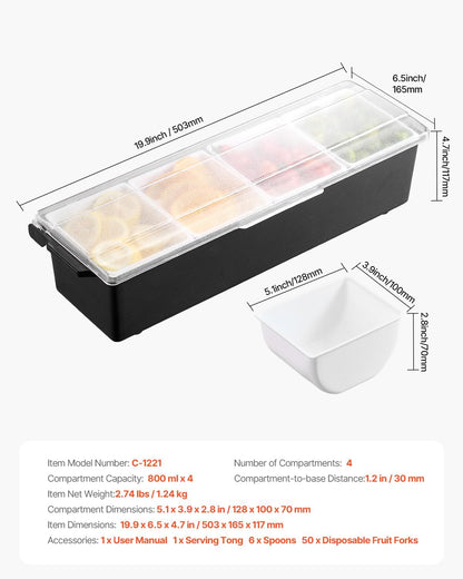 Chilled Condiment Server Caddy, 5 Compartment Ice Cooled Serving Container, Plastic Fruit Garnish Tray Platter with Lid, for Taco Salad Bar Accessories, Party Home Restaurant Supplies