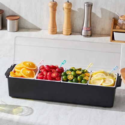 Chilled Condiment Server Caddy, 5 Compartment Ice Cooled Serving Container, Plastic Fruit Garnish Tray Platter with Lid, for Taco Salad Bar Accessories, Party Home Restaurant Supplies