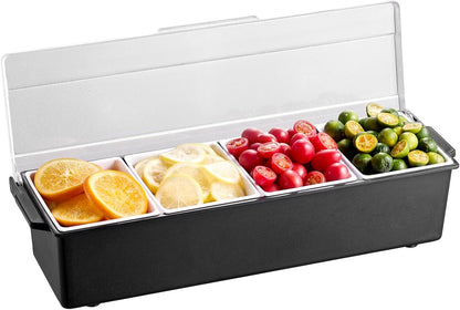 Chilled Condiment Server Caddy, 5 Compartment Ice Cooled Serving Container, Plastic Fruit Garnish Tray Platter with Lid, for Taco Salad Bar Accessories, Party Home Restaurant Supplies