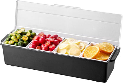 Chilled Condiment Server Caddy, 5 Compartment Ice Cooled Serving Container, Plastic Fruit Garnish Tray Platter with Lid, for Taco Salad Bar Accessories, Party Home Restaurant Supplies