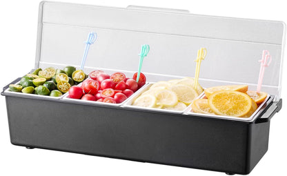 Chilled Condiment Server Caddy, 5 Compartment Ice Cooled Serving Container, Plastic Fruit Garnish Tray Platter with Lid, for Taco Salad Bar Accessories, Party Home Restaurant Supplies