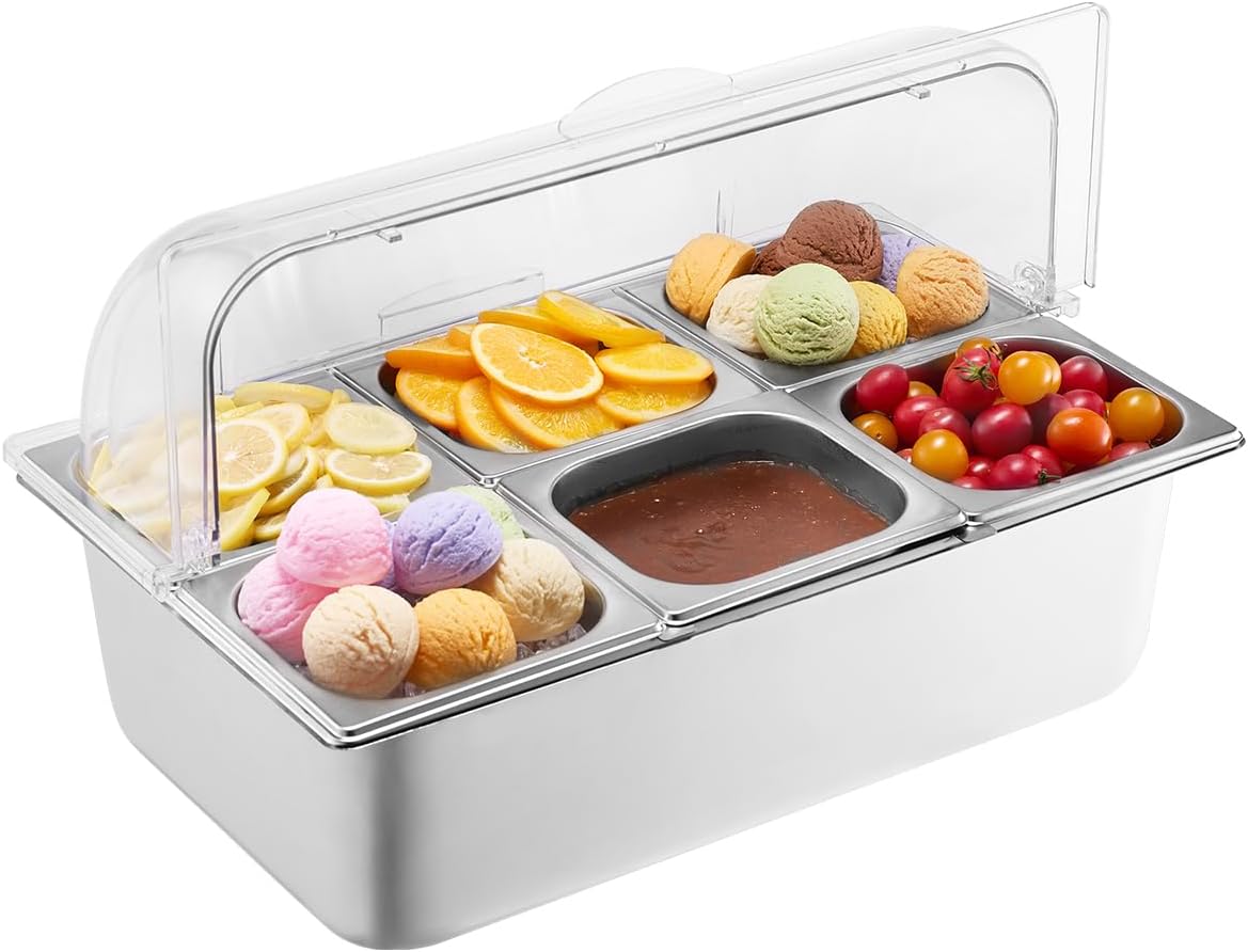 Chilled Condiment Server Caddy, 5 Compartment Ice Cooled Serving Container, Plastic Fruit Garnish Tray Platter with Lid, for Taco Salad Bar Accessories, Party Home Restaurant Supplies