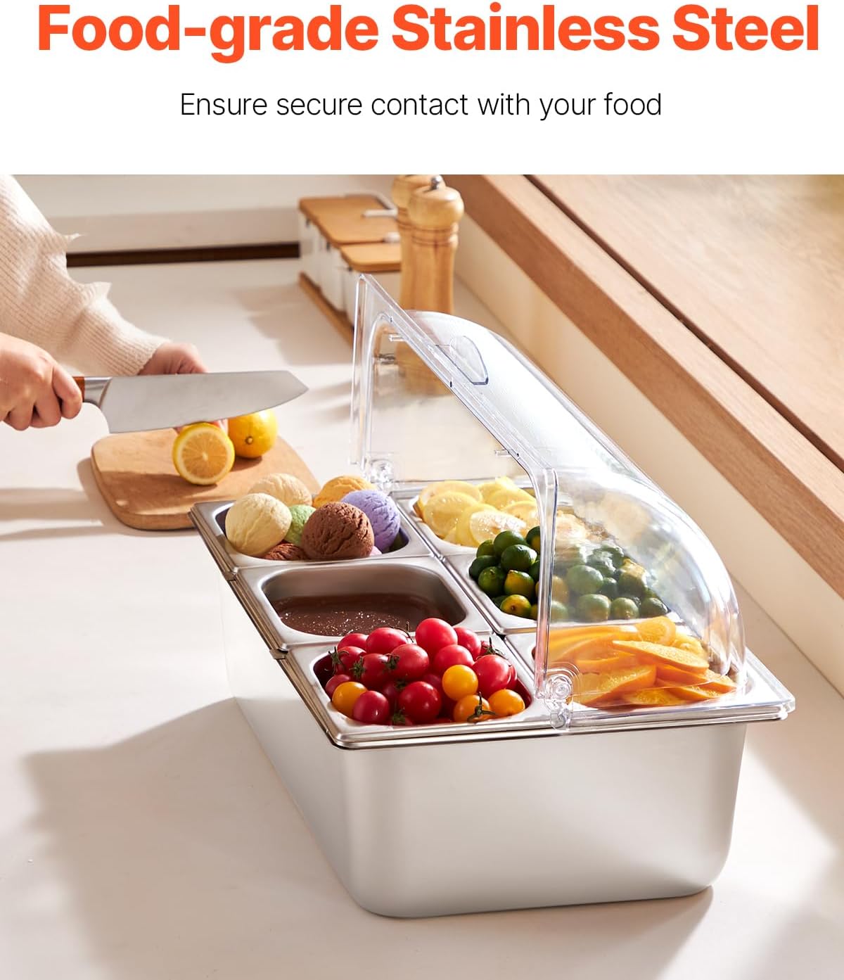 Chilled Condiment Server Caddy, 5 Compartment Ice Cooled Serving Container, Plastic Fruit Garnish Tray Platter with Lid, for Taco Salad Bar Accessories, Party Home Restaurant Supplies