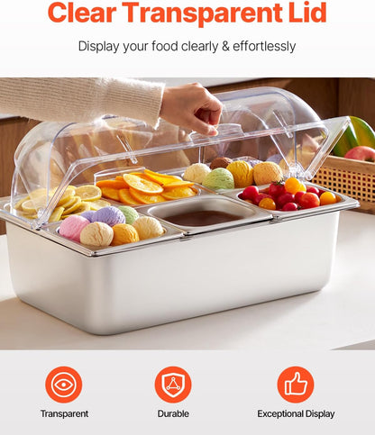 Chilled Condiment Server Caddy, 5 Compartment Ice Cooled Serving Container, Plastic Fruit Garnish Tray Platter with Lid, for Taco Salad Bar Accessories, Party Home Restaurant Supplies
