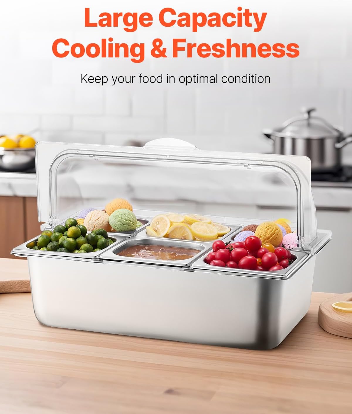 Chilled Condiment Server Caddy, 5 Compartment Ice Cooled Serving Container, Plastic Fruit Garnish Tray Platter with Lid, for Taco Salad Bar Accessories, Party Home Restaurant Supplies