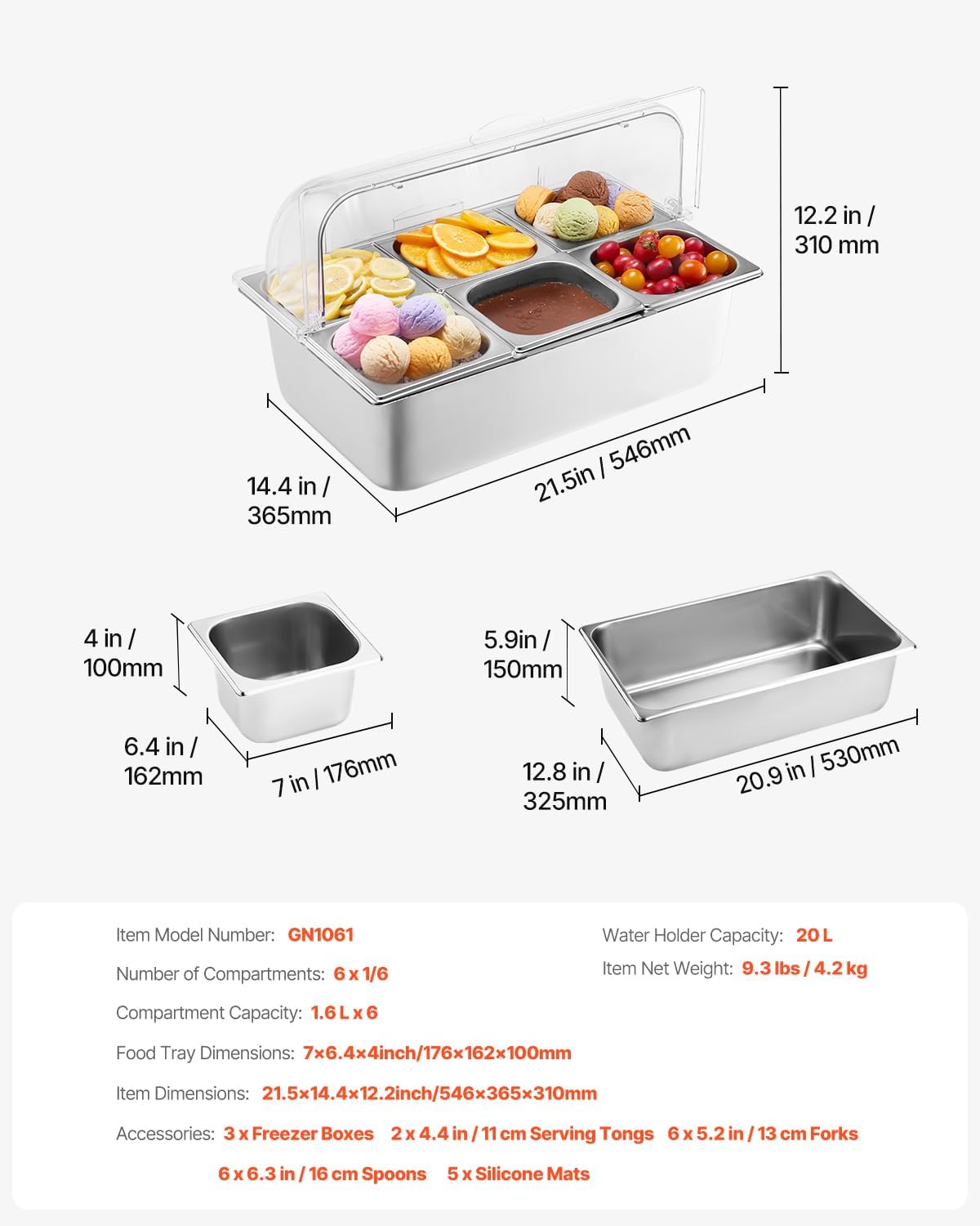 Chilled Condiment Server Caddy, 5 Compartment Ice Cooled Serving Container, Plastic Fruit Garnish Tray Platter with Lid, for Taco Salad Bar Accessories, Party Home Restaurant Supplies