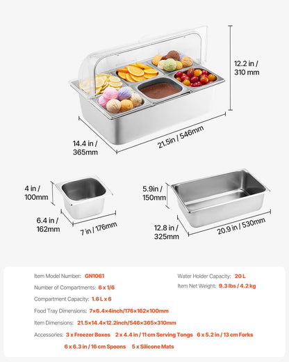 Chilled Condiment Server Caddy, 5 Compartment Ice Cooled Serving Container, Plastic Fruit Garnish Tray Platter with Lid, for Taco Salad Bar Accessories, Party Home Restaurant Supplies