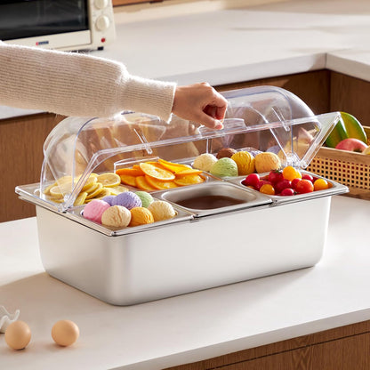 Chilled Condiment Server Caddy, 5 Compartment Ice Cooled Serving Container, Plastic Fruit Garnish Tray Platter with Lid, for Taco Salad Bar Accessories, Party Home Restaurant Supplies