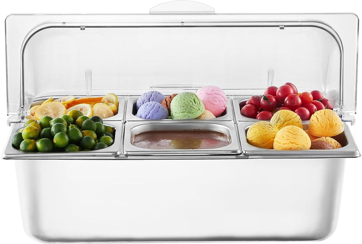 Chilled Condiment Server Caddy, 5 Compartment Ice Cooled Serving Container, Plastic Fruit Garnish Tray Platter with Lid, for Taco Salad Bar Accessories, Party Home Restaurant Supplies