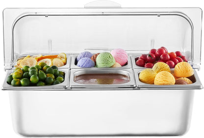 Chilled Condiment Server Caddy, 5 Compartment Ice Cooled Serving Container, Plastic Fruit Garnish Tray Platter with Lid, for Taco Salad Bar Accessories, Party Home Restaurant Supplies