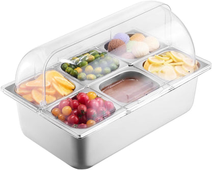 Chilled Condiment Server Caddy, 5 Compartment Ice Cooled Serving Container, Plastic Fruit Garnish Tray Platter with Lid, for Taco Salad Bar Accessories, Party Home Restaurant Supplies
