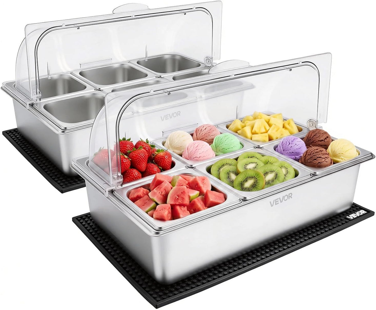 Chilled Condiment Server Caddy, 5 Compartment Ice Cooled Serving Container, Plastic Fruit Garnish Tray Platter with Lid, for Taco Salad Bar Accessories, Party Home Restaurant Supplies