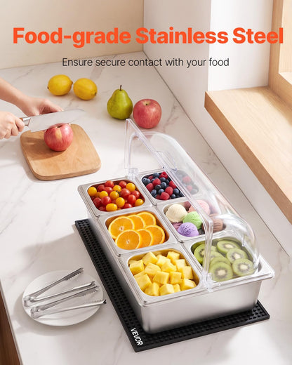 Chilled Condiment Server Caddy, 5 Compartment Ice Cooled Serving Container, Plastic Fruit Garnish Tray Platter with Lid, for Taco Salad Bar Accessories, Party Home Restaurant Supplies