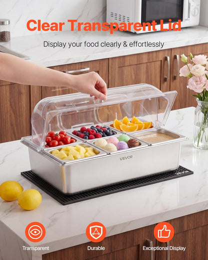 Chilled Condiment Server Caddy, 5 Compartment Ice Cooled Serving Container, Plastic Fruit Garnish Tray Platter with Lid, for Taco Salad Bar Accessories, Party Home Restaurant Supplies
