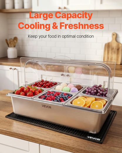Chilled Condiment Server Caddy, 5 Compartment Ice Cooled Serving Container, Plastic Fruit Garnish Tray Platter with Lid, for Taco Salad Bar Accessories, Party Home Restaurant Supplies