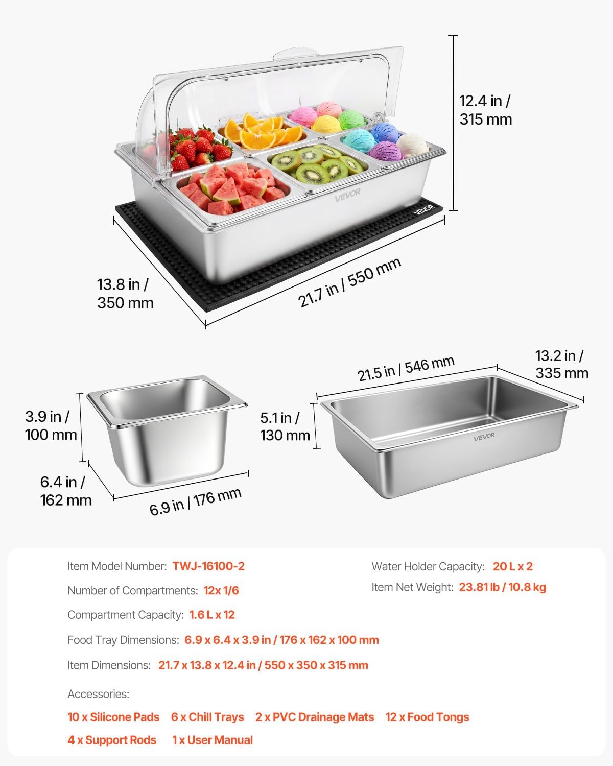 Chilled Condiment Server Caddy, 5 Compartment Ice Cooled Serving Container, Plastic Fruit Garnish Tray Platter with Lid, for Taco Salad Bar Accessories, Party Home Restaurant Supplies