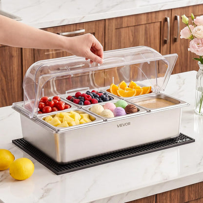 Chilled Condiment Server Caddy, 5 Compartment Ice Cooled Serving Container, Plastic Fruit Garnish Tray Platter with Lid, for Taco Salad Bar Accessories, Party Home Restaurant Supplies