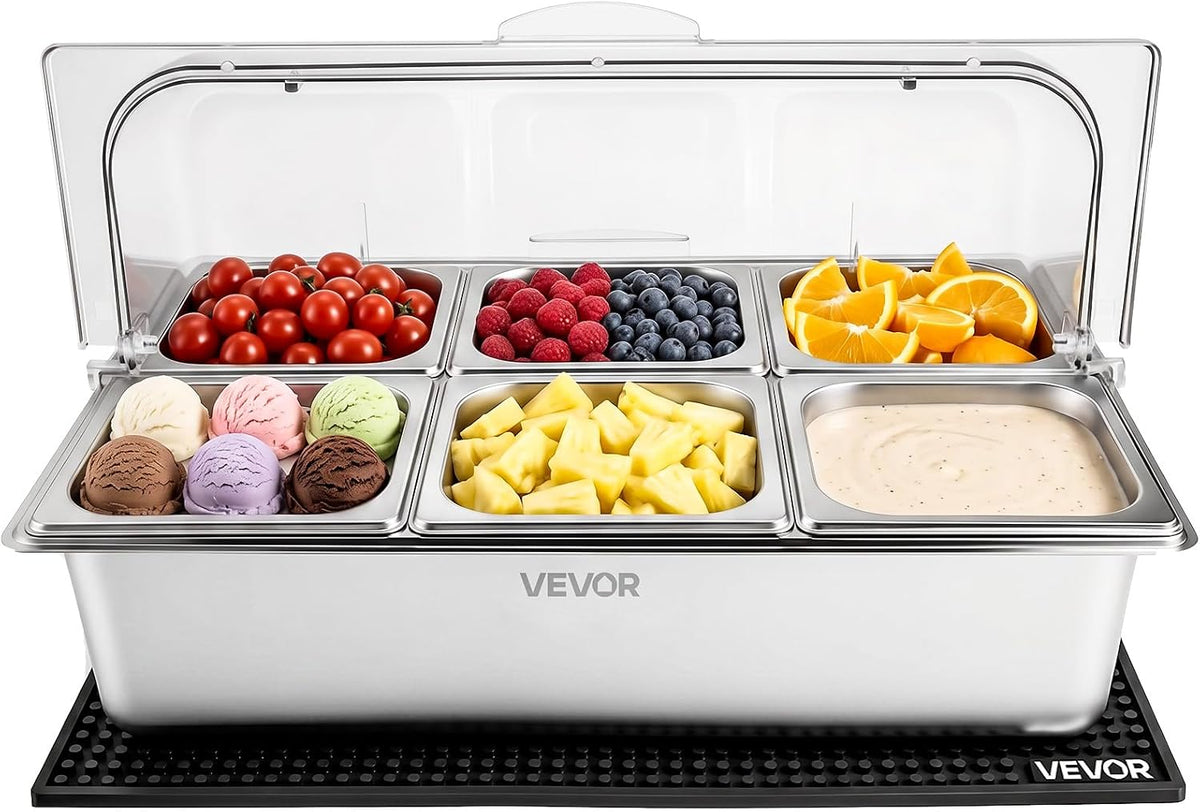 Chilled Condiment Server Caddy, 5 Compartment Ice Cooled Serving Container, Plastic Fruit Garnish Tray Platter with Lid, for Taco Salad Bar Accessories, Party Home Restaurant Supplies