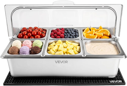 Chilled Condiment Server Caddy, 5 Compartment Ice Cooled Serving Container, Plastic Fruit Garnish Tray Platter with Lid, for Taco Salad Bar Accessories, Party Home Restaurant Supplies