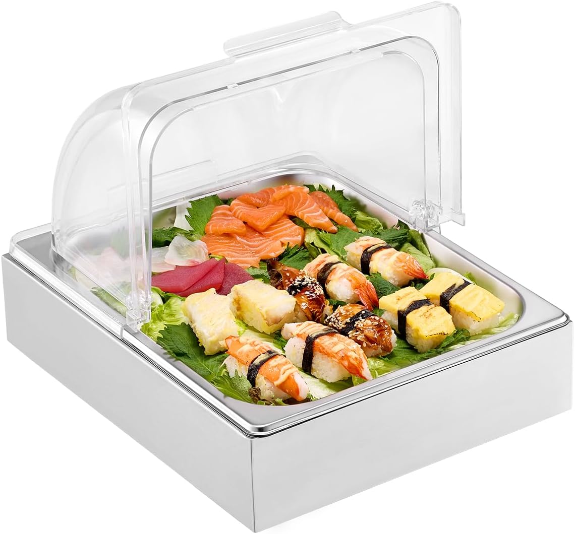 Chilled Condiment Server Caddy, 5 Compartment Ice Cooled Serving Container, Plastic Fruit Garnish Tray Platter with Lid, for Taco Salad Bar Accessories, Party Home Restaurant Supplies