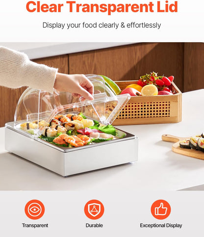 Chilled Condiment Server Caddy, 5 Compartment Ice Cooled Serving Container, Plastic Fruit Garnish Tray Platter with Lid, for Taco Salad Bar Accessories, Party Home Restaurant Supplies