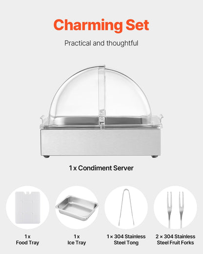 Chilled Condiment Server Caddy, 5 Compartment Ice Cooled Serving Container, Plastic Fruit Garnish Tray Platter with Lid, for Taco Salad Bar Accessories, Party Home Restaurant Supplies