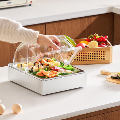 Chilled Condiment Server Caddy, 5 Compartment Ice Cooled Serving Container, Plastic Fruit Garnish Tray Platter with Lid, for Taco Salad Bar Accessories, Party Home Restaurant Supplies