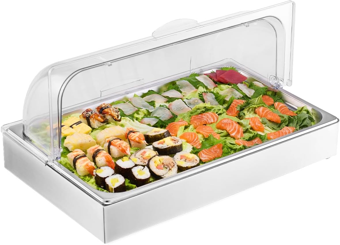 Chilled Condiment Server Caddy, 5 Compartment Ice Cooled Serving Container, Plastic Fruit Garnish Tray Platter with Lid, for Taco Salad Bar Accessories, Party Home Restaurant Supplies
