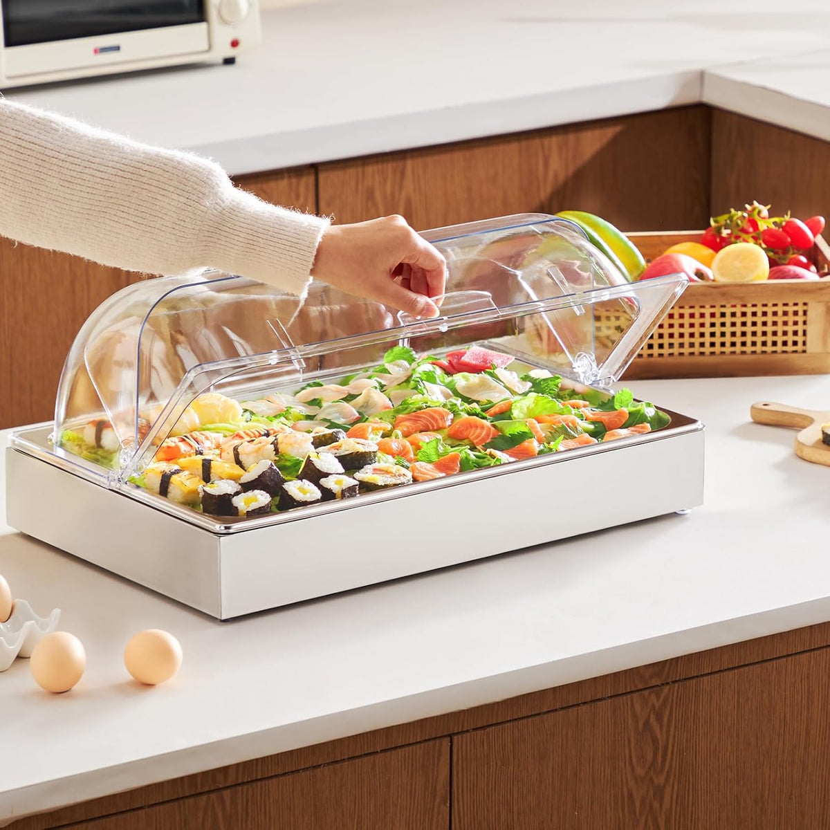 Chilled Condiment Server Caddy, 5 Compartment Ice Cooled Serving Container, Plastic Fruit Garnish Tray Platter with Lid, for Taco Salad Bar Accessories, Party Home Restaurant Supplies