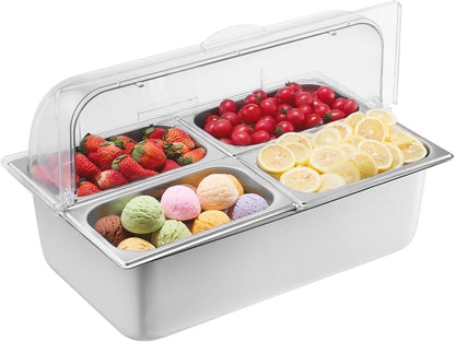 Chilled Condiment Server Caddy, 5 Compartment Ice Cooled Serving Container, Plastic Fruit Garnish Tray Platter with Lid, for Taco Salad Bar Accessories, Party Home Restaurant Supplies