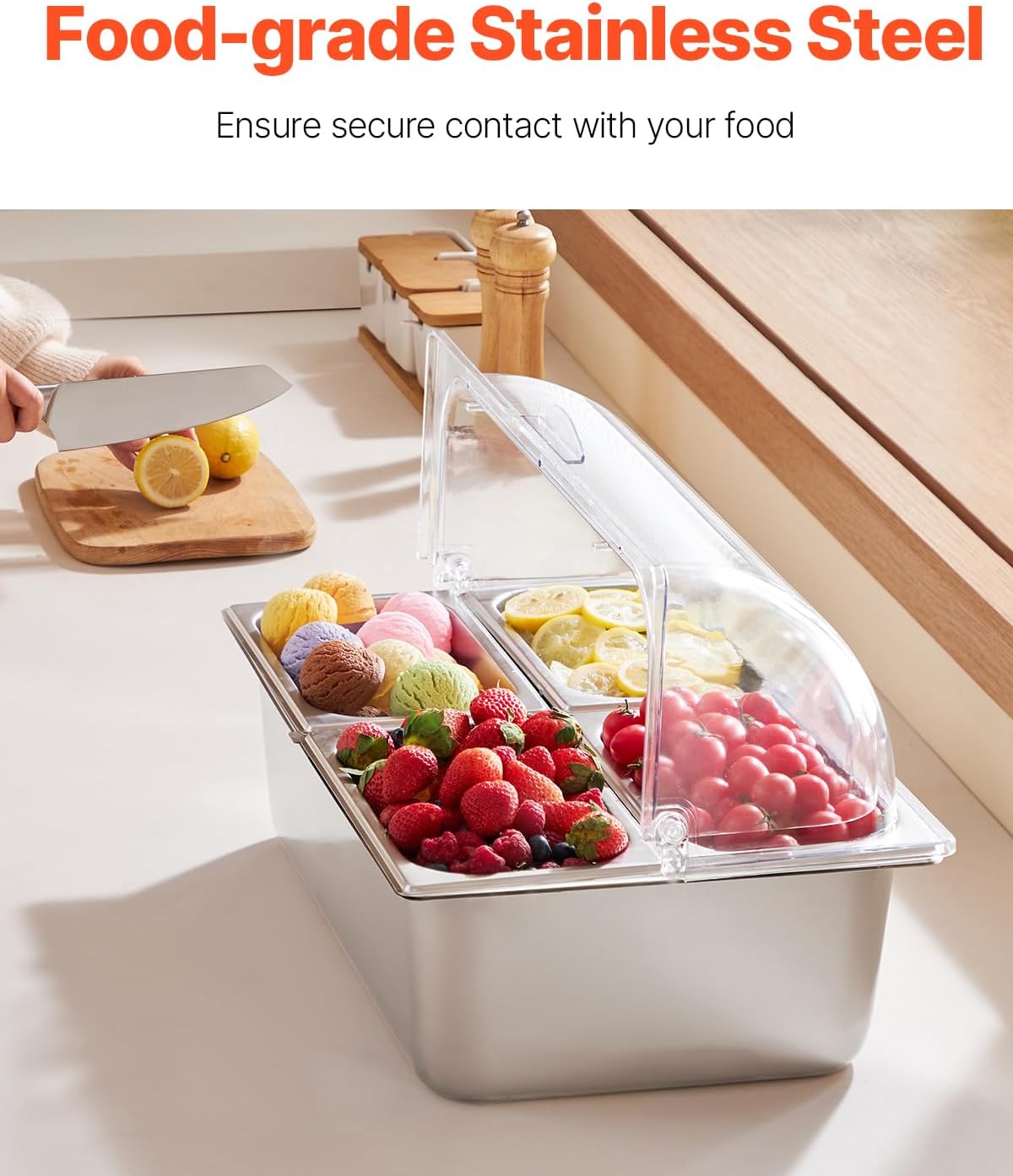 Chilled Condiment Server Caddy, 5 Compartment Ice Cooled Serving Container, Plastic Fruit Garnish Tray Platter with Lid, for Taco Salad Bar Accessories, Party Home Restaurant Supplies