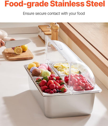 Chilled Condiment Server Caddy, 5 Compartment Ice Cooled Serving Container, Plastic Fruit Garnish Tray Platter with Lid, for Taco Salad Bar Accessories, Party Home Restaurant Supplies