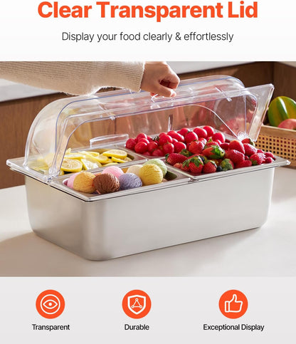 Chilled Condiment Server Caddy, 5 Compartment Ice Cooled Serving Container, Plastic Fruit Garnish Tray Platter with Lid, for Taco Salad Bar Accessories, Party Home Restaurant Supplies